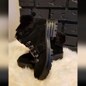 Real Leather & Faux Fur Lace Up Ankle Boots